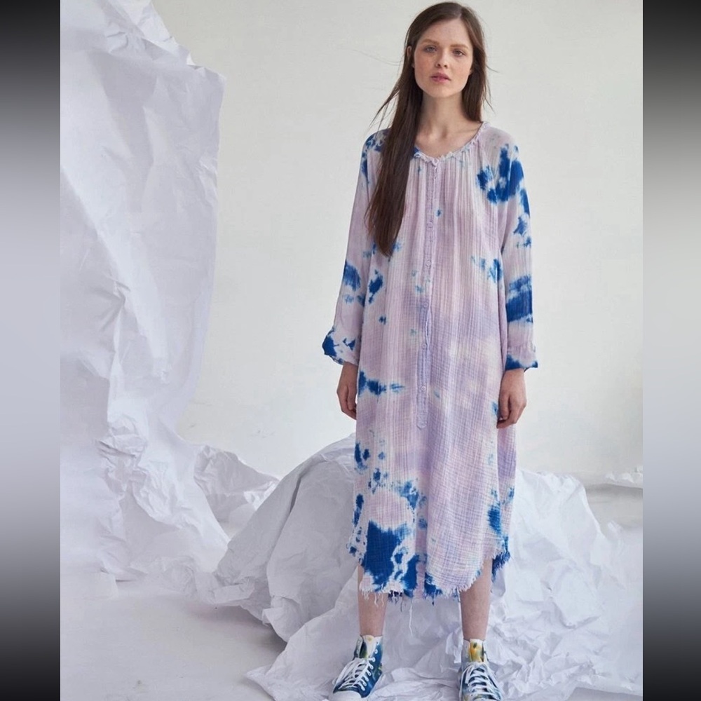 Raquel Allegra Poet Dress Cotton Gauze Purple Blue Tie Dye Dress Womens SZ 0 XS
